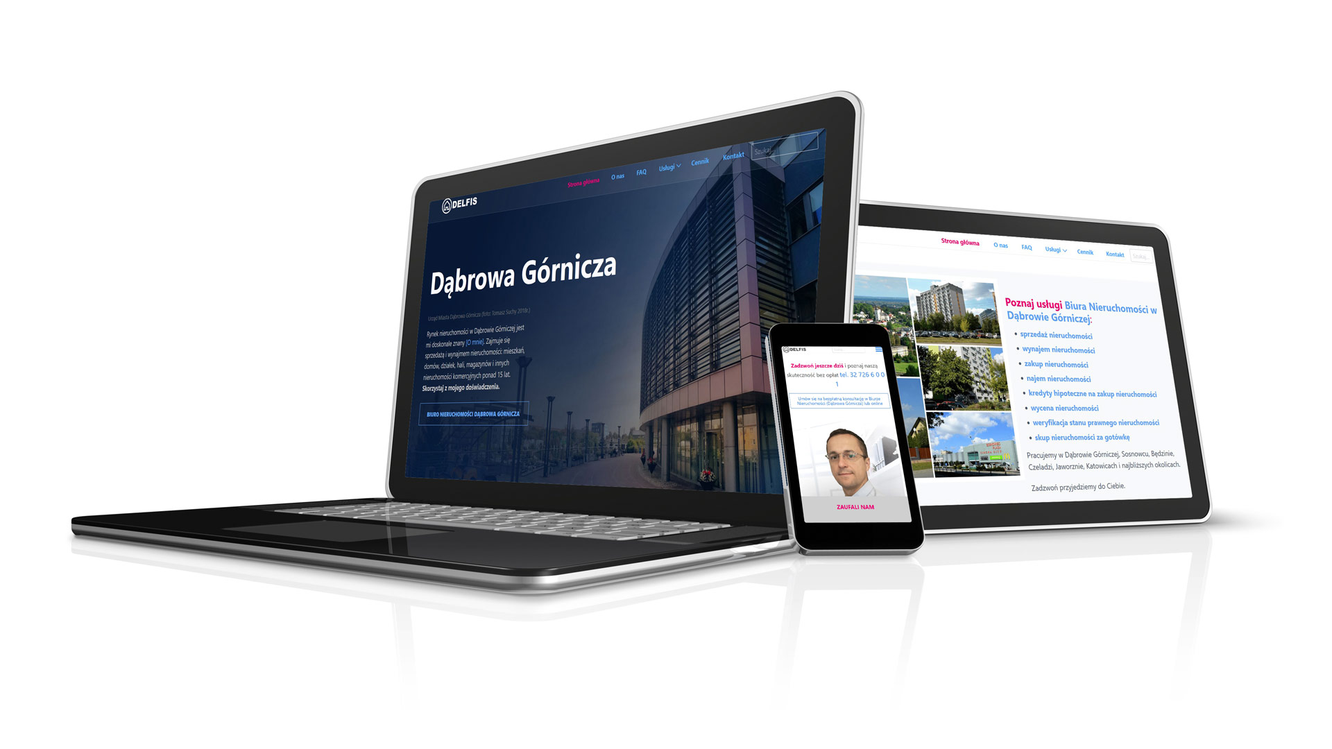 Projekt Strona internetowa dla biura nieruchomości w Dąbrowie Górniczej na telefon tablet komputer